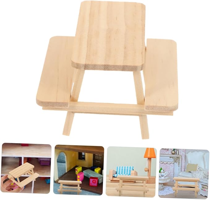Abaodam 2Pcs Miniature Wooden Picnic Table Dollhouse Furniture Accessories Unfinished Wood Bench Table for Creative Photography Dollhouse Decoration Scene Setup