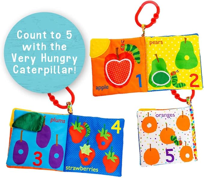 KIDS PREFERRED Let's Count Soft Book - World of Eric Carle the Very Hungry Caterpillar Baby on the Go Clip Teething Crinkle Soft Sensory Book for Babies, 5.25x5.25 Inch (Pack of 12)