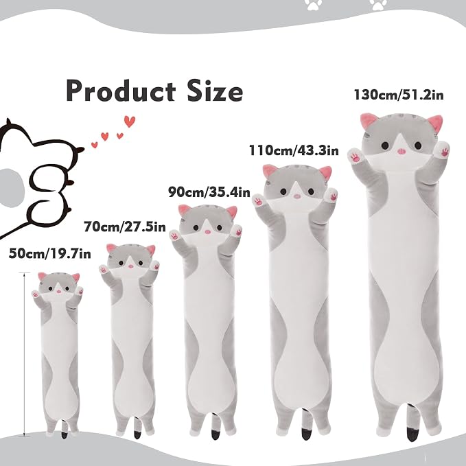 Long Cat Plush Pillow, 51in Cute Cat Plushie Stuffed Animals Body Pillow, Grey Kawaii Kitten Soft Plushie Doll Toy Birthday Gift for Children Girlfriend