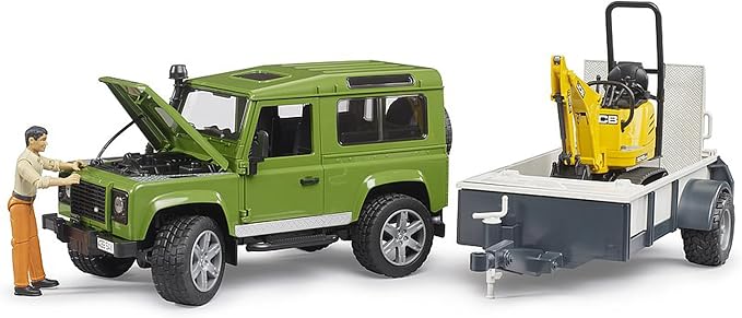 Bruder Land Rover Defender Rigid Drawbar Trailer Jcb Micro Excavator and Construction Worker