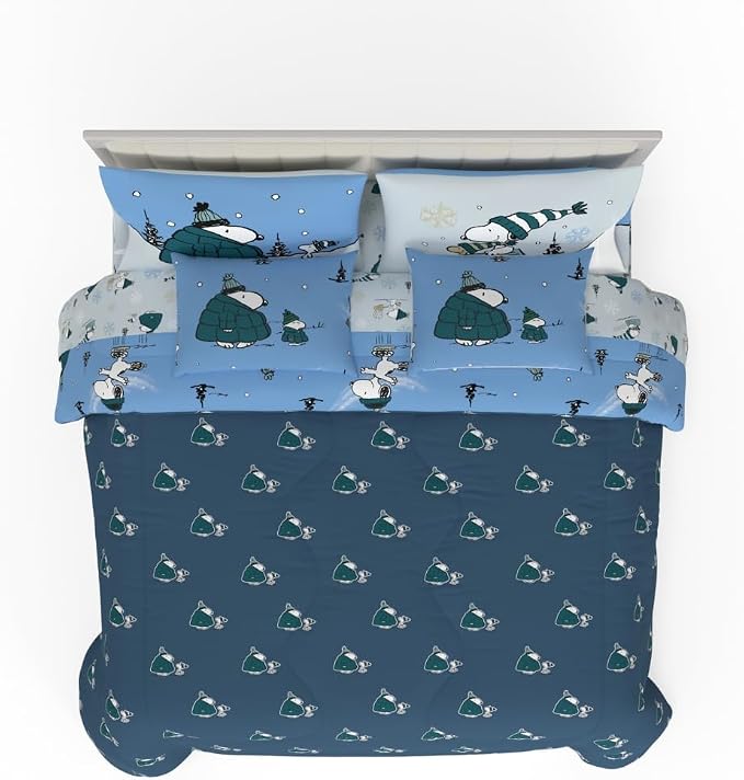 Collectibles Peanuts Snoopy Puffer Holiday & Christmas Bedding Super Soft Comforter and Sheet Set with Sham, 7 Piece King Size (Officially Licensed Product) By Franco