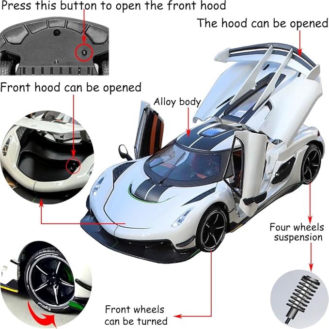 Therina Toy Cars Model Jesko 1/24 White Alloy Collectibles Die-cast Vehicles with Sound and Light