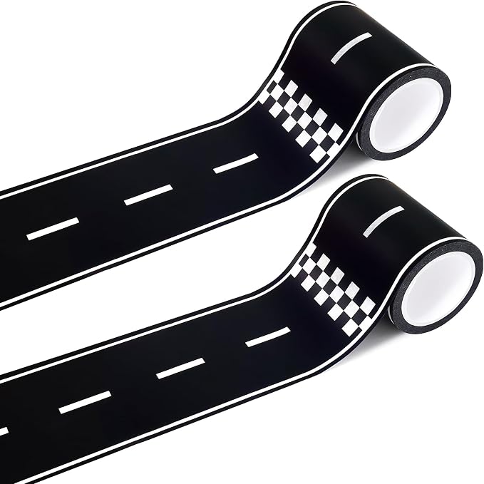 WNINK 2 Rolls Roadway Tape Road Tape, Kids Race Car Stickers, Race Car Track Decorations, 2.4 Inch Wide, 2 X 33 FT Long, Easy Tear, No Residue for Kids Birthday Racing Party Decoration