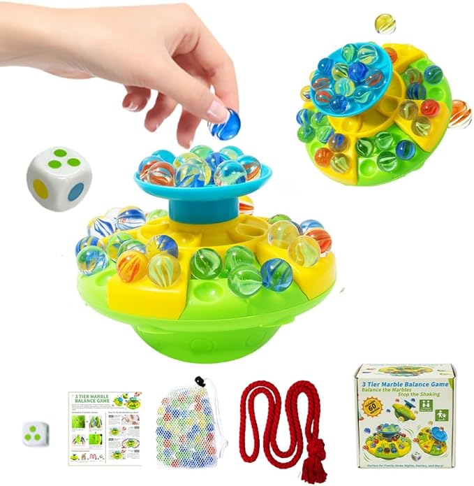 Wobble Marble Stack Balance Game with 60 Glass Marbles for Kids | 3 Tier Base & Dice & String, Built-in Storage, 1-4 Players Age 6+, Perfect Board Game for Family Game Night