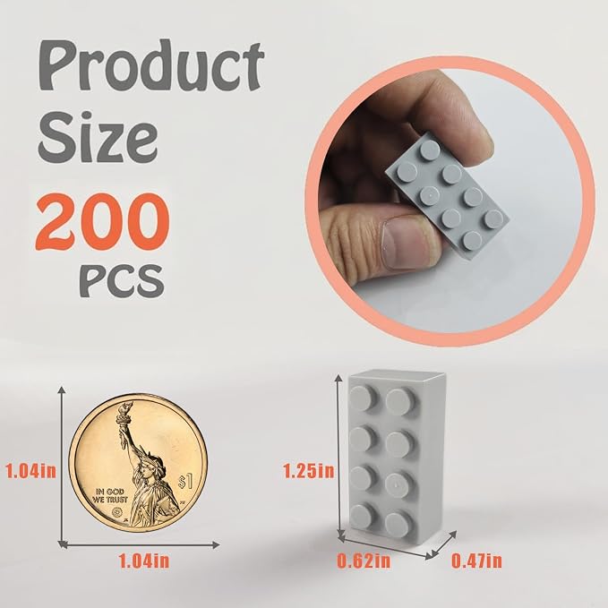 HUIZDQ 200 Piece Classic Small Building Bricks, 2x4 Building Blocks STEM Creative Build Toys, MOC Bulk Bricks DIY Play Set for Kids Age 6+(Light Grey, Small Bricks, 1.25x0.62x0.47 in)