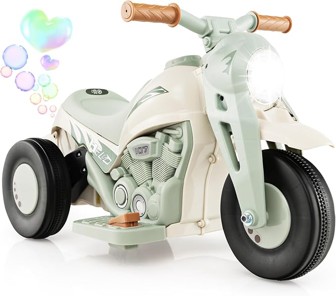 Costzon Kids Motorcycle, 6V Battery Powered Ride on Motorcycle with Bubble Maker, Music, LED Headlight, Forward & Backward, 3 Wheels Electric Motorcycle for Kids, Gift for Boys & Girls (Beige)
