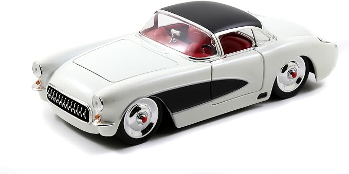 Jada Toys Bigtime Muscle 1:24 1957 Chevy Corvette Die-cast Car – Opening Doors, Hood, Trunk, Rubber Tires(White/Black)