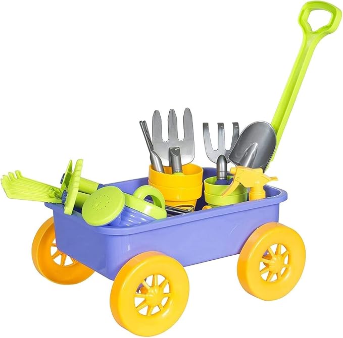 deAO Kids Garden Wagon Wheelbarrow and Gardening Tools Play Set Includes 10 Accessories and 4 Plant Pots,Great Outdoor Toddler Toys Kids Gardening Set