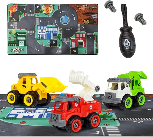 Flybar Power Gearz Kids Carpet Playmat Rug – Play Mat & Toy Trucks 3Pack Bundle with Automatic LED Traffic Lights, Car Rugs for Kids, Play for Playroom - Non-Slip, Toys for Ages 3-5