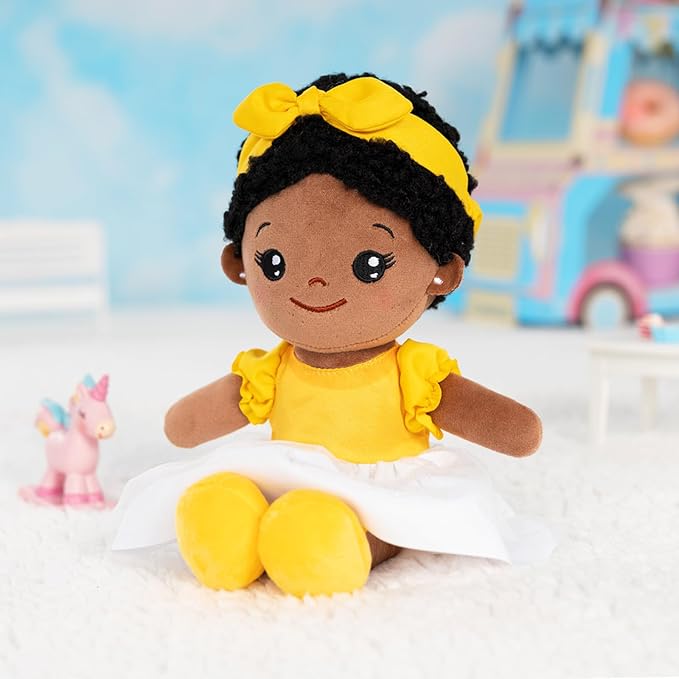 OUOZZZ 12.6" Soft Black Baby Doll - Toys for 1 Year Old Girl Gifts, African American Baby Dolls Birthday Gifts for 1 Year Old Girl Plush Toys Gift for Toddler Kids Yellow Bow-tie