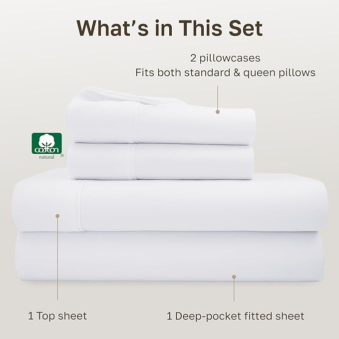 California Design Den Soft 100% Cotton Queen Sheet Set, 400 Thread Count Good Housekeeping Award Winner, Silky Smooth Sateen Weave with Deep Pockets, Breathable and Durable Cotton Bedding Set - White