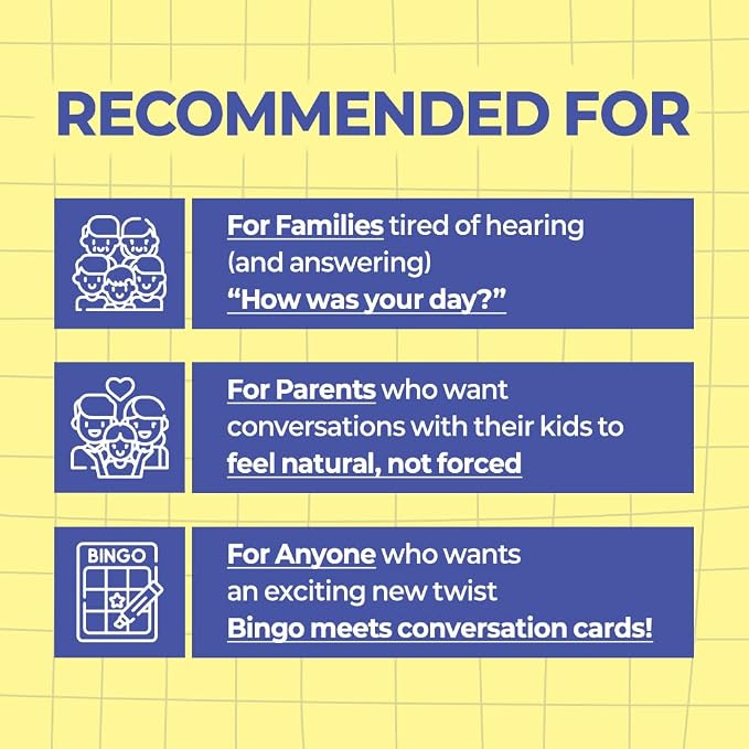 ConvoCards – 150 Family Conversation Cards with Bingo Boards, Fun Dinner Table Game with 6 Categories of Engaging Questions for Kids, Teens & Adults to Connect, Game Night & Road Trip Group Activity
