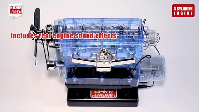 Machine Works Build Your Own Visible Model Engine Toys - Replica Model Building Kit 100+ Pieces- Features Working Sounds and Illuminiation, Internal Combustion Mechanics, Physics, STEM (4-Cylinder)