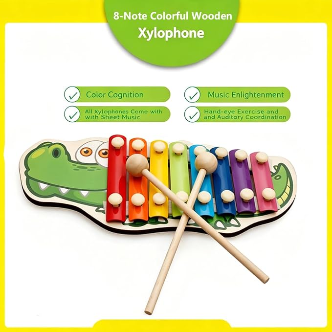 Xylophone for Toddlers, Animal Shape Wooden Baby Xylophone with 8 Scales and 2 Mallets,Colorful Kids Musical Instrument Educational Montessori Toys (Crocodile)