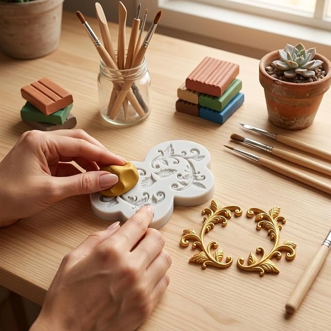 Baroque Leaf Vine Polymer Clay Molds Baroque Scroll Lace Silicone Mold for Epoxy Resin Casting DIY Crafts Air Dry Polymer Crafts Supplies Clay Tools