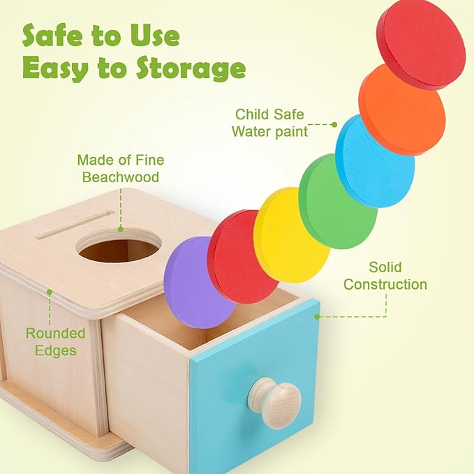 Adena Montessori Coin Box, 2 in 1 Object Permanence Box with Ball, Wooden Ball Drop Toys for 6-12 Month Infants, Developmental Learning Toys for 1 Year Old Baby, Kids Gifts (Blue Door)