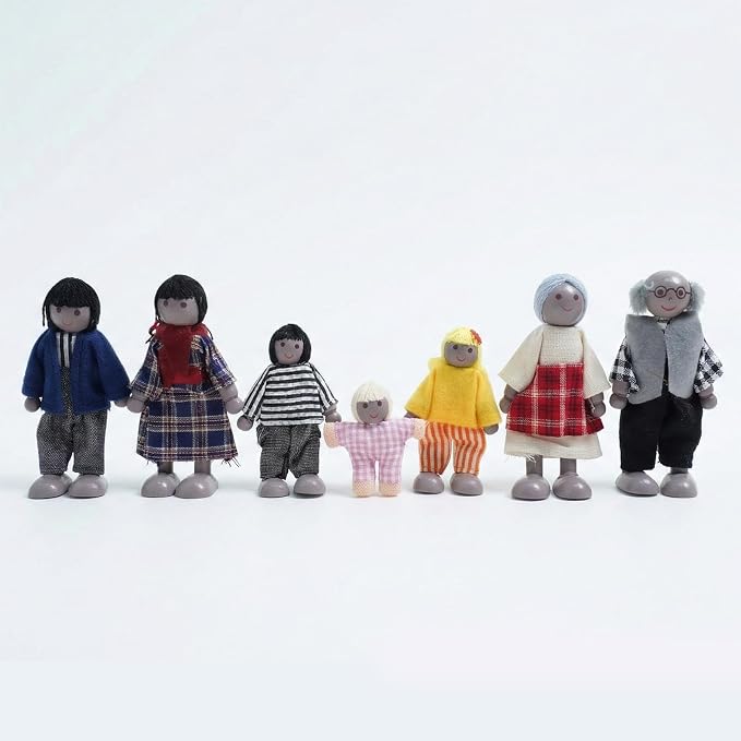 7PCS Wooden Dollhouse Dolls for Playing House Gifts for Children, Wood, Articulated Pretend Play Figures, Smooth Splinter-Free Wood, Montessori Family Set - 4.5In (Unique)