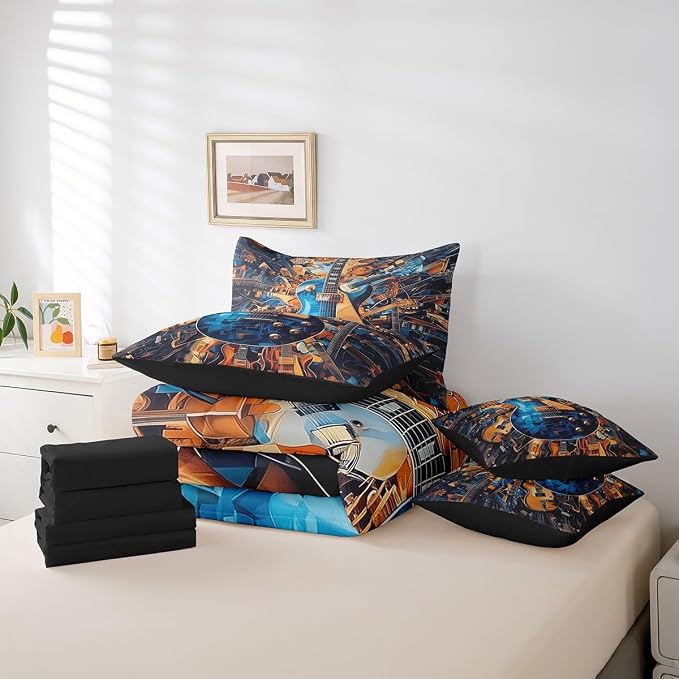Feelyou Guitar Comforter Set with Sheets King Size Rock Music Bed in a Bag for Boys Girls Teens Blue Brown 7 Pieces Bedding Set Soft Lightweight Microfiber