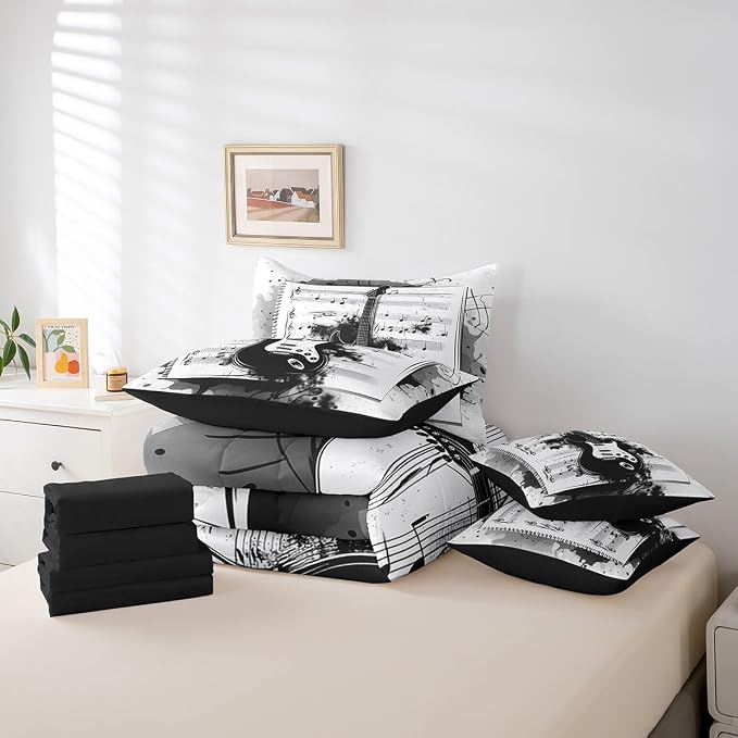 Feelyou Music 7 Pieces Bedding Set Full Size Guitar Comforter Set with Sheets for Kids Boys Girls Rock Music Bed in a Bag Guitar Instruments Bed Set