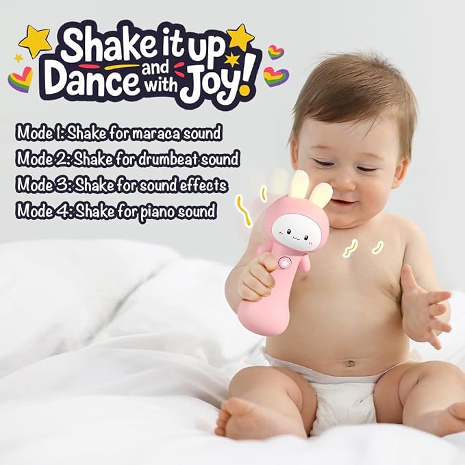 VKTEN Bunny Baby Rattle Toy with Light & Sound – Interactive Teething & Sensory Toy – Ideal Easter Basket Stuffer for Baby 3-24 Months