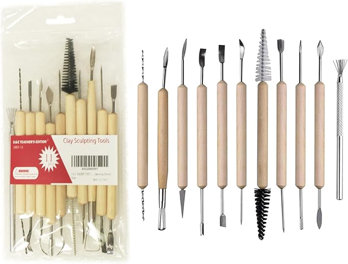 S & E TEACHER'S EDITION 11 Pcs Pottery & Clay Sculpting Tools, Double-Sided, Ceramics Tools Smooth Wooden Handles for Trimming, Embossing Pattern.