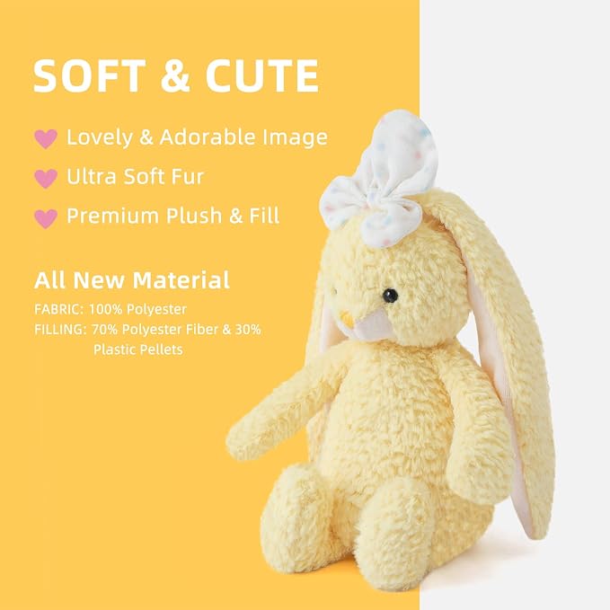Bunny Stuffed Animal Soft Rabbit Cuddly Toy 8'' Long - Eared Plush Bunny with White Bow Plush Toys for Babies and Toddlers