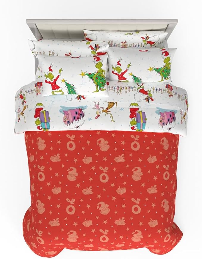 Grinch By Dr. Seuss Holiday & Christmas Bedding Super Soft Comforter and Sheet Set with Sham, 7 Piece Queen Size (Official Dr. Seuss Product) By Franco