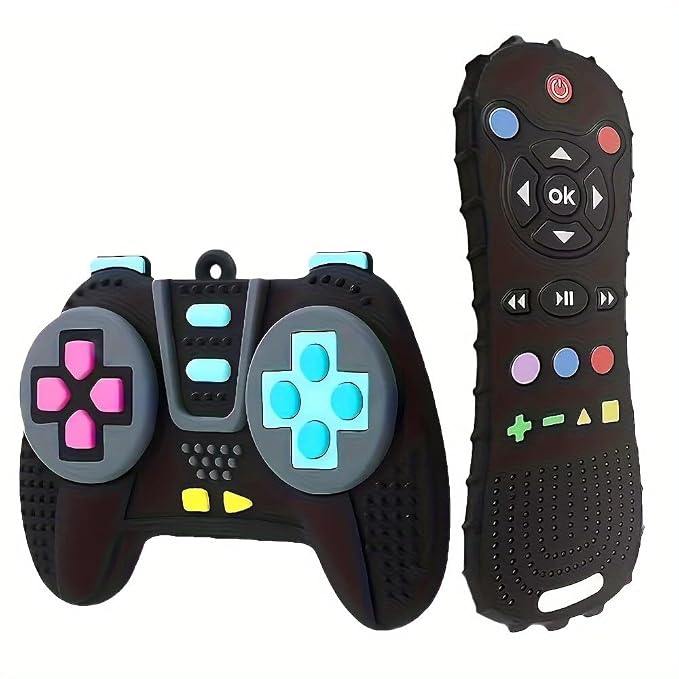 AALFA Baby Teething Toy, Soft TV Remote+Game Machine Shape Chew Set Intellectual Development Intellectual Development Educational Toy,Safe Silicone Toddler Infant (Black (handle+remote control))