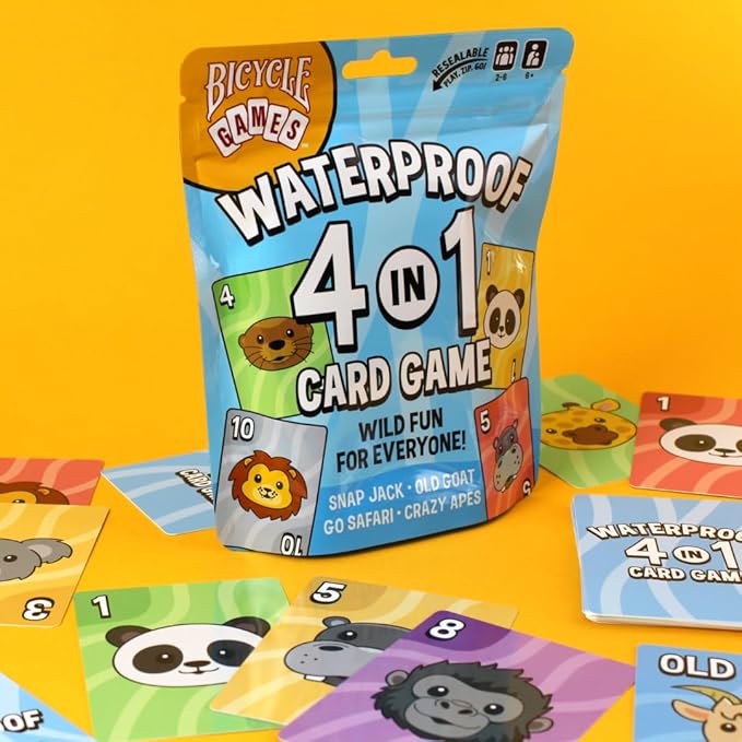 Bicycle Waterproof 4‑in‑1 Card Games Set – Durable Plastic Playing Cards Deck for Go Fish, Slap Jack, Crazy Eights & Old Maid, Family Travel Game Pack, Washable, Kid‑Friendly & Outdoor‑Ready