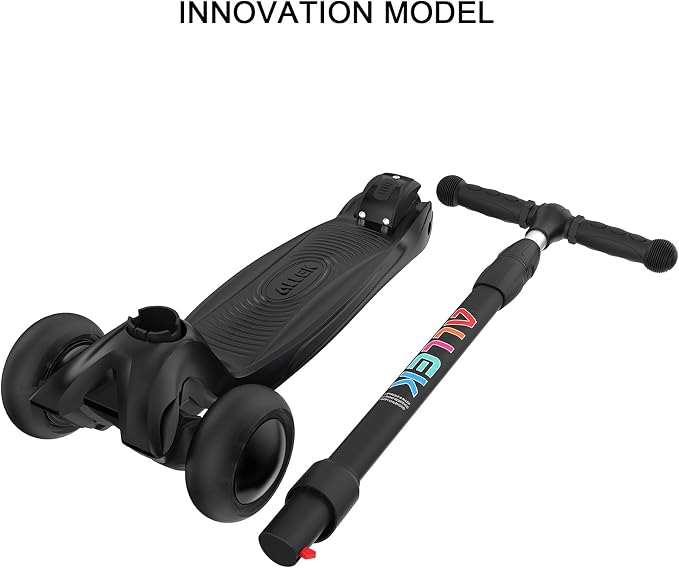 Allek Kick Scooter B03, Lean 'N Glide 3-Wheeled Push Scooter with Extra Wide PU Light-Up Wheels, Any Height Adjustable Handlebar and Strong Thick Deck for Children from 3-12yrs (Black)