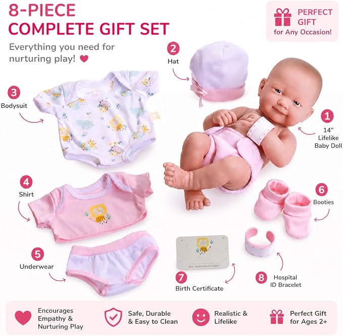 8 piece Layette Baby Doll Gift Set | JC Toys - La Newborn Nursery | 14" Life-Like Smiling Doll w/ Accessories | Pink | Ages 2+, Pink Smiling