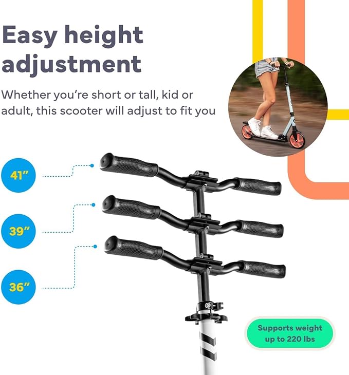 LaScoota Kick Scooter for Kids Ages 6+, Teens & Adults, Large 8" Sturdy Urethane Wheels. Adjustable Handlebar, Lightweight, Foldable, 220lbs Max Load