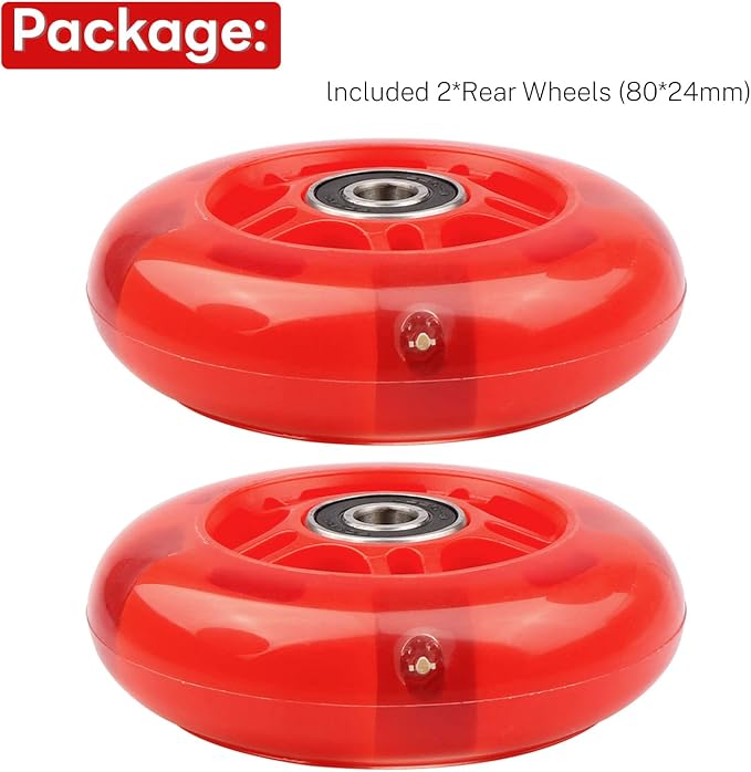 Rear 80mm Light Up White Flashing 3-Wheeled Kid Scooter Replacement Wheels Compatible with Micro Globber Lascoota Kick Scooter, 2-Pack (Red)