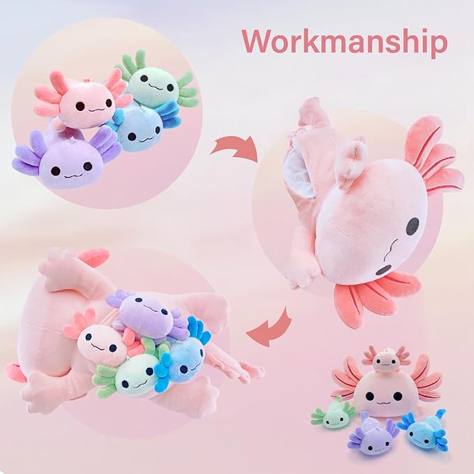 Axolotl Plush，Cute Axolotl Mommy Stuffed Animal with 4 Baby Axolotl Plushies in Tummy，Kawaii Axolotl Plush Toy Gift for Kids Girls Boys