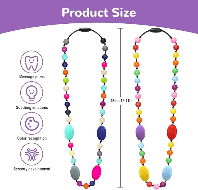 Chew Necklaces for Sensory Kids 2 Pack, Chewy Necklaces 2Pcs for Boys and Girls with Autism ADHD SPD, Silicone Fidget Necklace for Toddler Teens to Reduces Anxiety and Stress