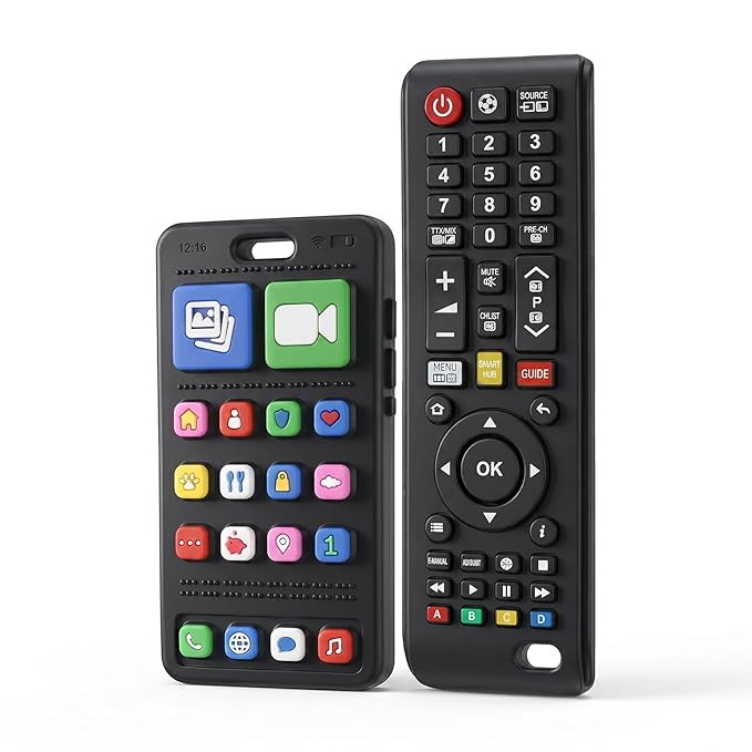 Phone Remote Teethers for Baby, Teething Toys for Baby 3 6 12 18 Months, TV Remote Control Phone Baby Teether Toys, Babies Chew Toys, Food Grade Silicone Teething Toys for Infants, BPA Free