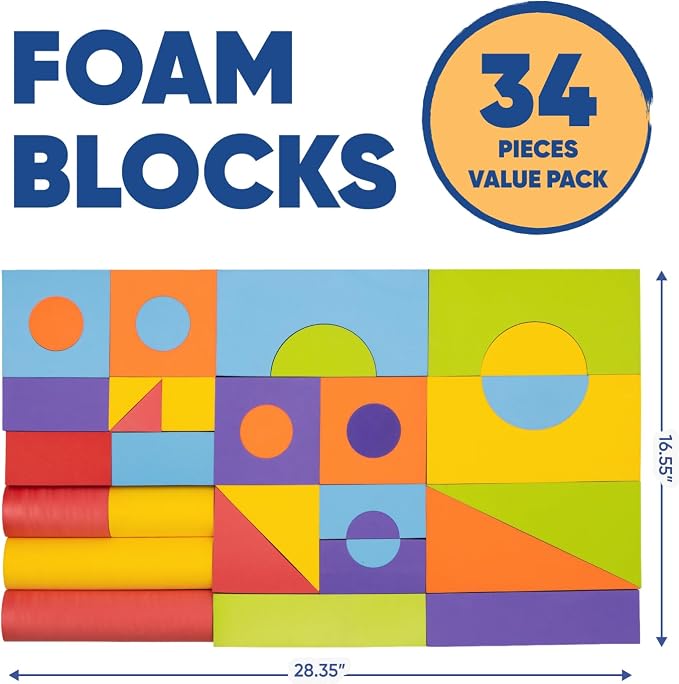 Set of 34 Large Foam Blocks for Toddlers - Stacking Soft Blocks for Kids with Shapes & Colors Learning - Construction Building Preschool Toys - Soft Toy for Daycare Toddlers 3-5 & Above