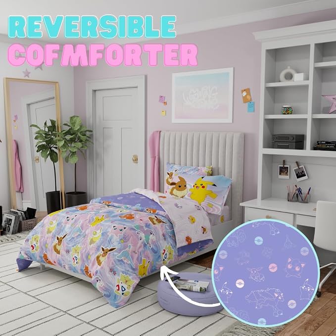 Pokémon Girl Kids Bedding Twin Size – 5 Piece Comforter & Sheet Set with Sham – Super Soft – Eevee, Pikachu & Jigglypuff – (Officially Licensed Product) By Franco