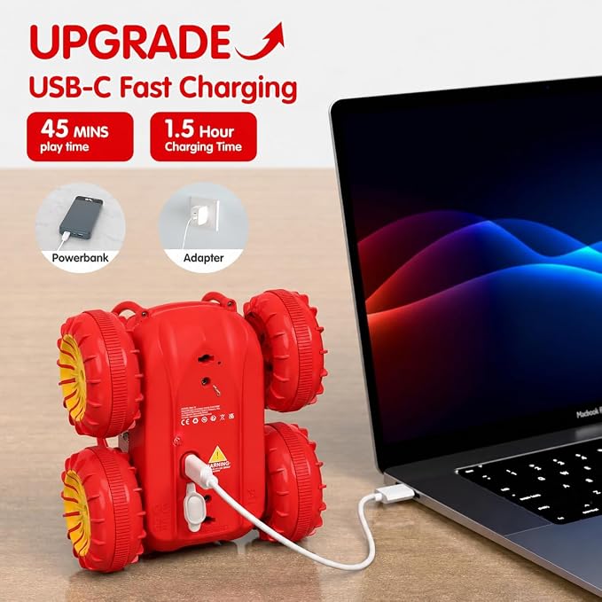 Remote Control Car, Fast Direct Charging RC Cars Amphibious 360° Rotating LED Rechargeable Stunt Car 2.4Ghz 4WD All Terrain RC Race Cars Toy Christmas Birthday Gift for Kids Boys Girls Aged 3-12 years