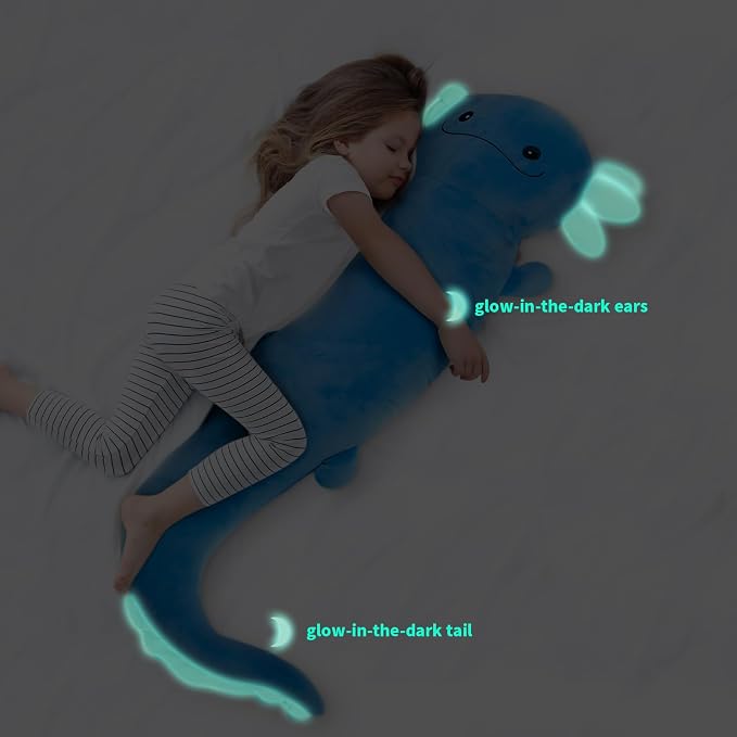 Tianmihou 48 Inch Giant Axolotl Plush Pillow, Big Blue Axolotl Stuffed Animal, Glow in The Dark Salamander Plushie, Soft Large Axolotl Body Pillow, Cute Birthday Gift for Kids Adults