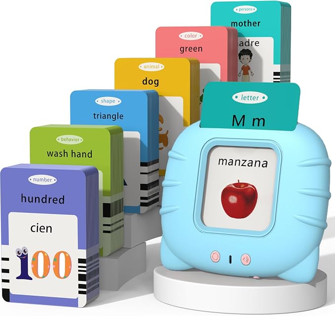 Startcan Spanish & English Talking Flash Cards for Girls 3-6, Audible Toys with Music to Learn Numbers 0-100, Letters, Phrases and More Spanish and English Vocabulary - 278 Cards and 556 Words(Blue)