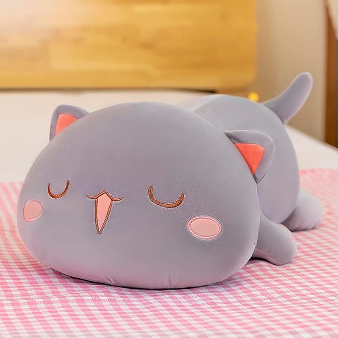 FUYU Cat Stuffed Animals, Soft Cat Plush Pillow Kawaii Kitten Stuffed Animal Toy Gifts for Kids Boys Girls Room Decor (Gray Squinted,15in/37cm)