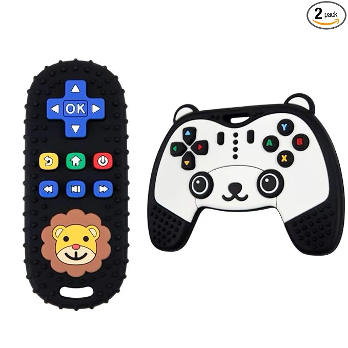Baby Teething Toy, Soft TV Remote and Game Controller Shape Chew Set, Educational Toy for Intellectual Development, Safe Silicone for Toddler and Infant (Black (Panda Handle + Lion Remote Control))
