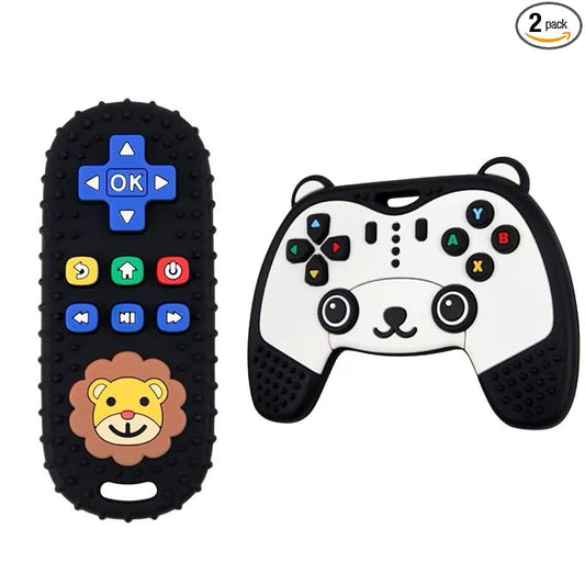 Baby Teething Toy, Soft TV Remote and Game Controller Shape Chew Set, Educational Toy for Intellectual Development, Safe Silicone for Toddler and Infant (Black (Panda Handle + Lion Remote Control))