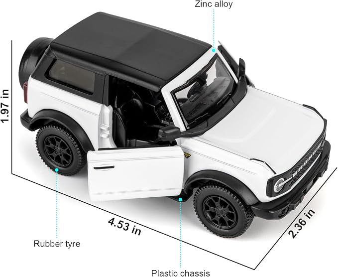 Ford Bronco Badlands 2dr Model Car, 1:36 Diecast Ford Toy Cars, Collectible Pull Back Car Gift for Kids Boys Girls (White)