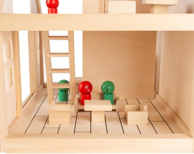 HEY! PLAY! Dollhouse for Kids – Classic Pretend Play 2 Story Wood Playset with Furniture Accessories and Dolls for Toddlers, Boys and Girls