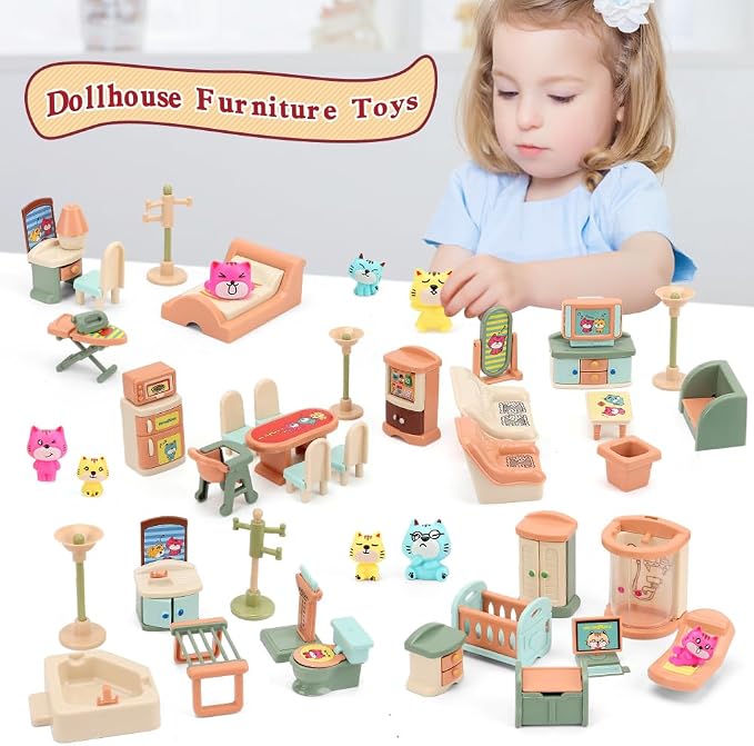 BananMelonBM 50 Pack Kids Little Dollhouse Furniture Set Toys House Big Dreams for Baby Children Girls Boys Age 3+,Miniature Accessories Educational Pretend Play Toys for Toddler