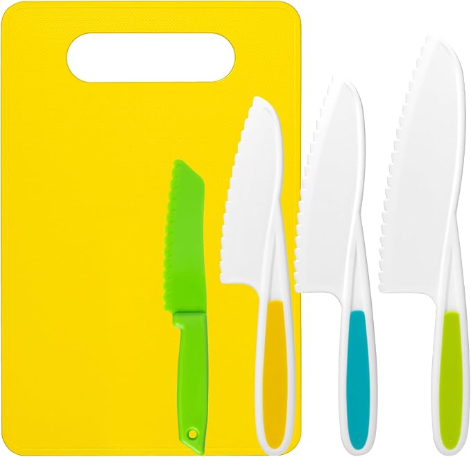 Reaeon 5 Pcs Kids Cooking Sets Real, Montessori Kitchen Tools, Kids Knife Set for Real Cooking, 4 Pcs Children's Safety Cooking Knives, 1 Pc Cutting Board, Serrated Edges Toddler Girl Boy
