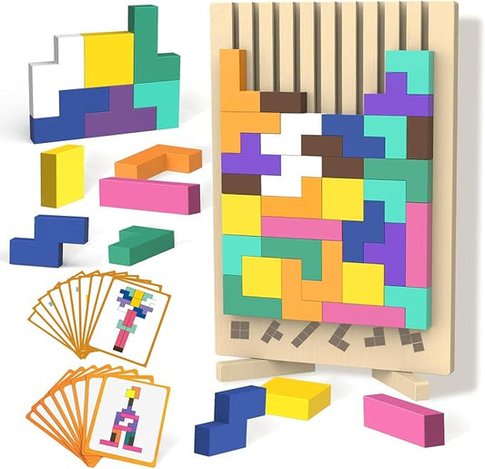Wooden Block Puzzle Montessori Toys, Colorful Stacking Game Brain Teaser Puzzles for Toddlers and Kids with 20 Cards, Educational Wooden Toy Gifts for 3 4 5 6 7 8 Year Old Boys and Girls