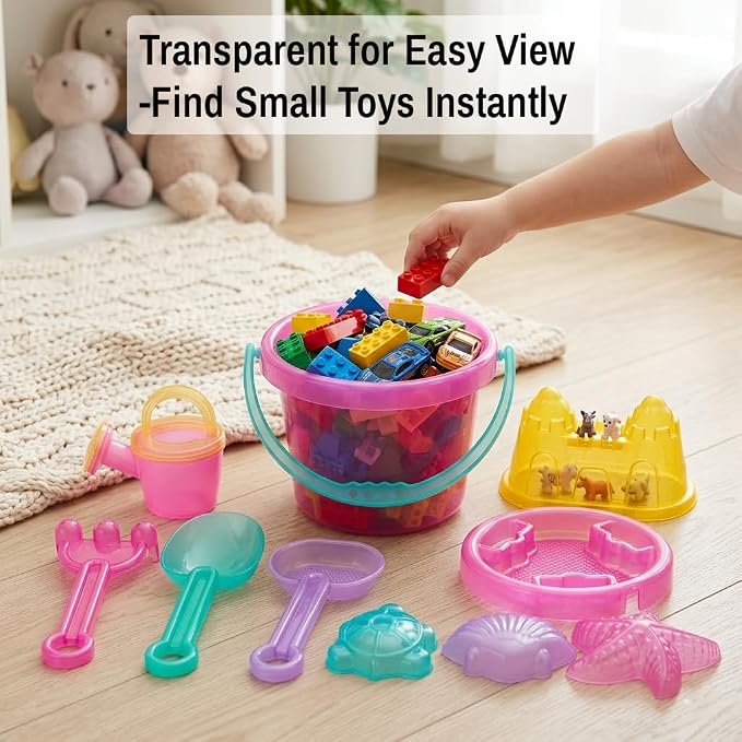 LotFancy 10PCS Sand Toys for Toddlers 1-3 3-5, Pink Beach Toys Set for Girls 18M+, Translucent Sand Castle Molds, Bucket, Sifter, Shovels & Watering Can, Durable Sandbox Toys for Kids
